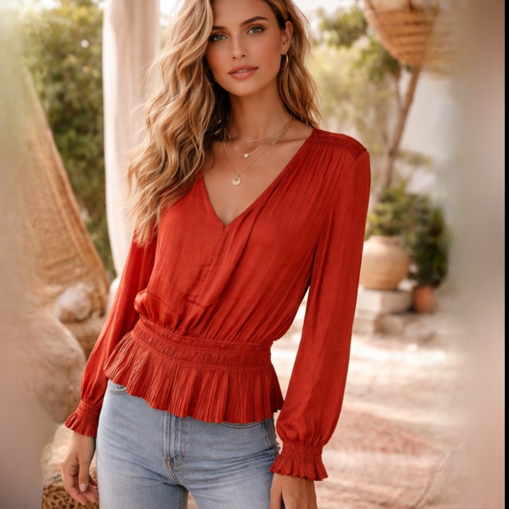 Philosophy Burnt Orange Silky V-Neck Peplum Blouse. Boho Renaissance Size XL